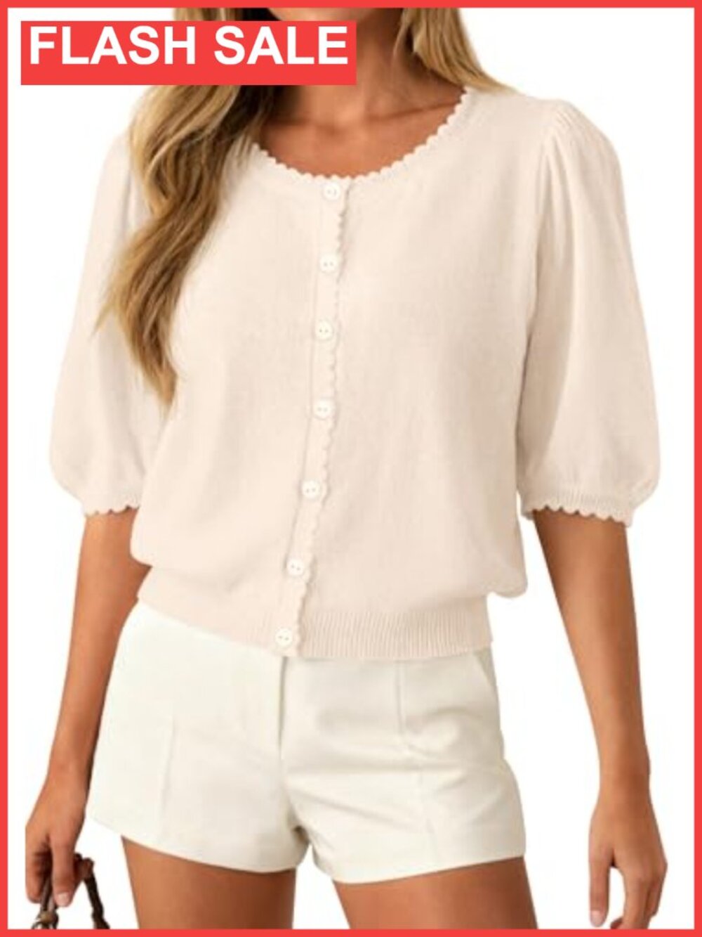 Short Sleeve Puff Sleeve Knit Cardigan Scalloped Button